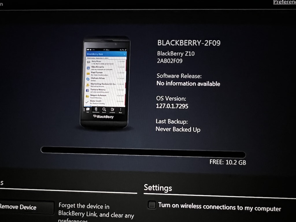 Z10 in BlackBerry Link